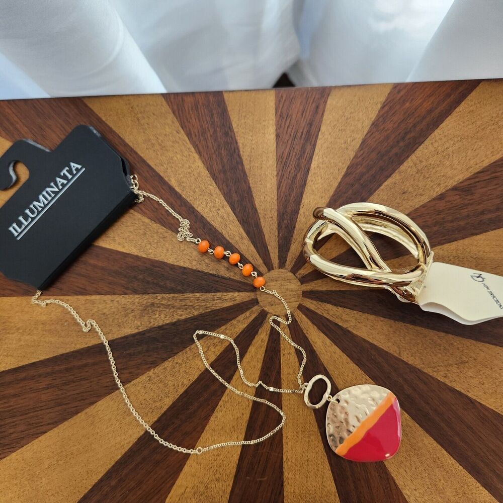 Jewelry Bundle Chunky Bangle Bracelet Long Pendant Necklace Boho Tribal Gold New